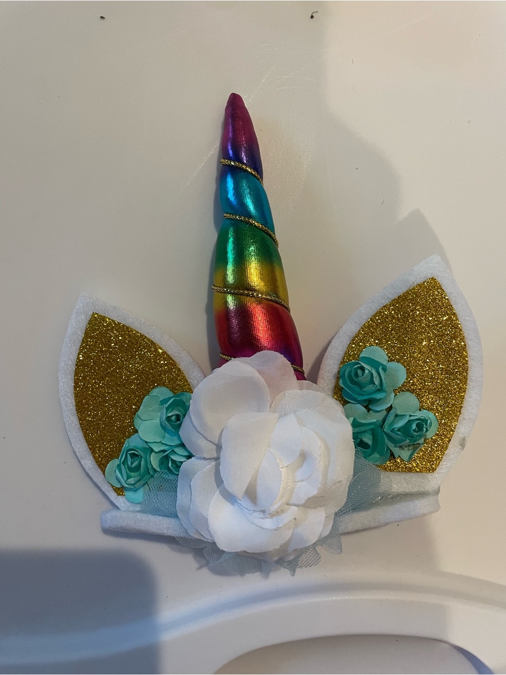 Rainbow Unicorn cake topper with Gold & Teal Accents